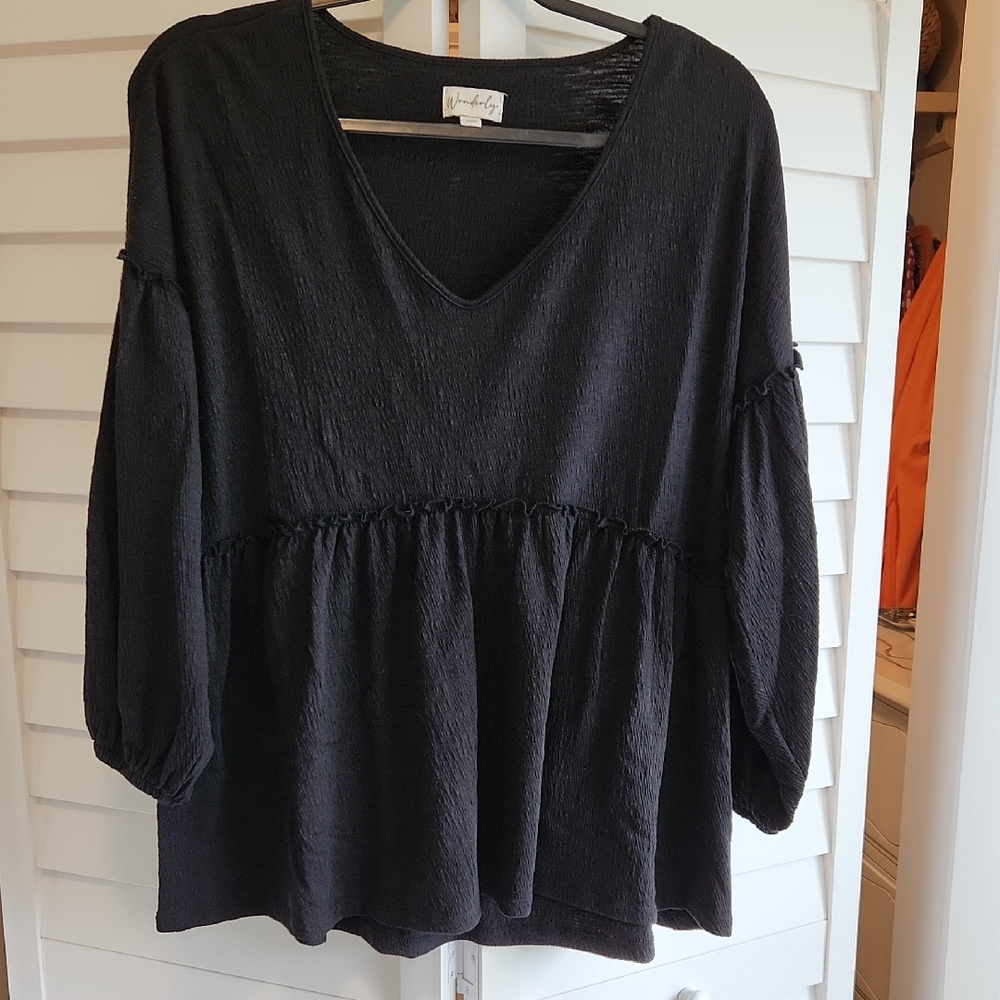 Anthropologie Black Ruffled Blouse, Sz M